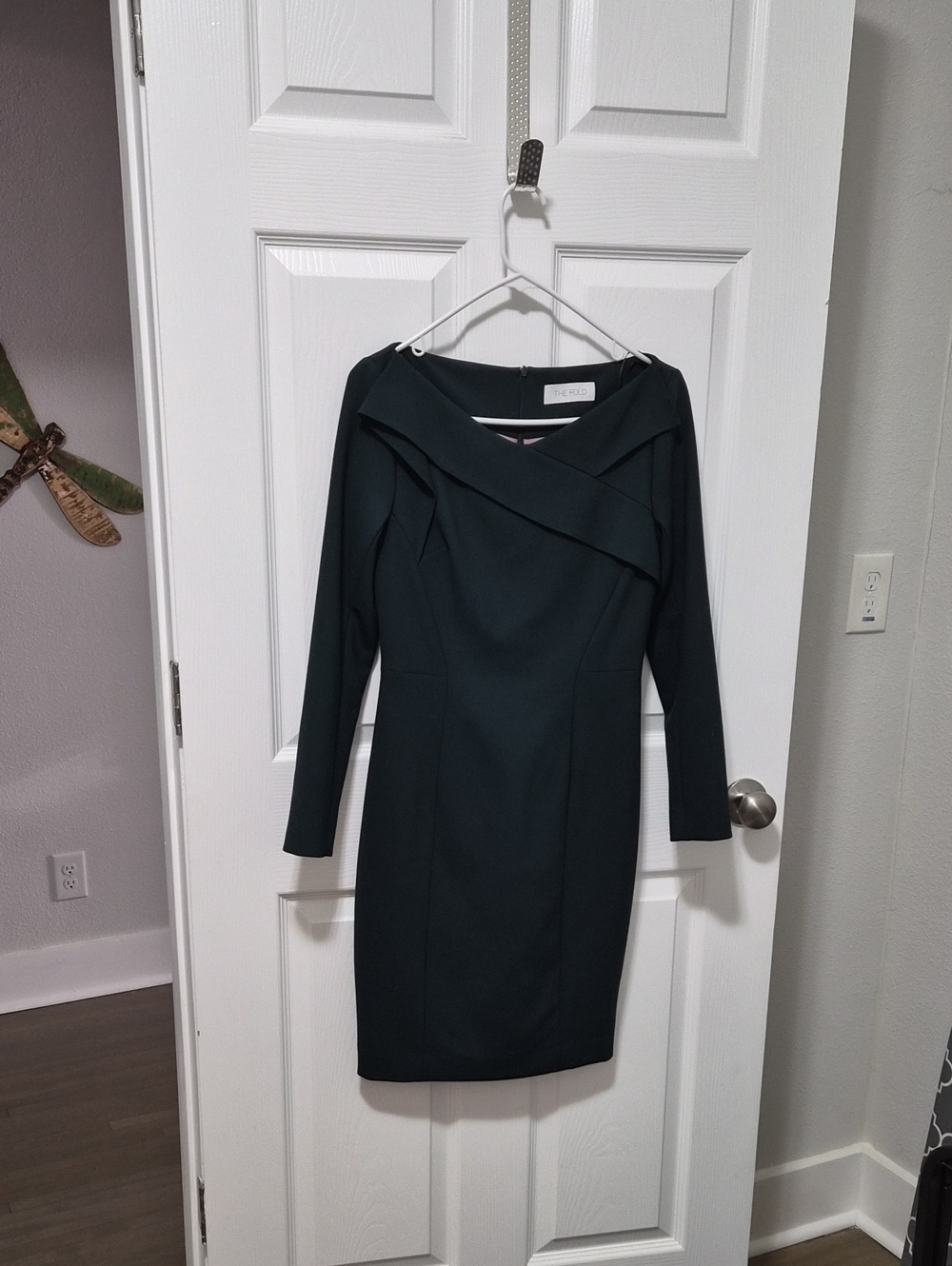 Off-Shoulder Long-Sleeve Sheath Dress in Deep Teal